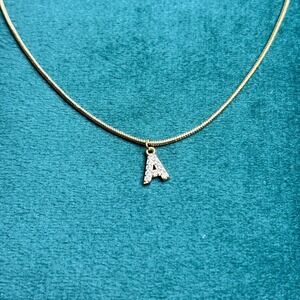 Gold Tone Initial Letter A Pendant Necklace CZ Snake Chain Adjustable 16-18.5 In